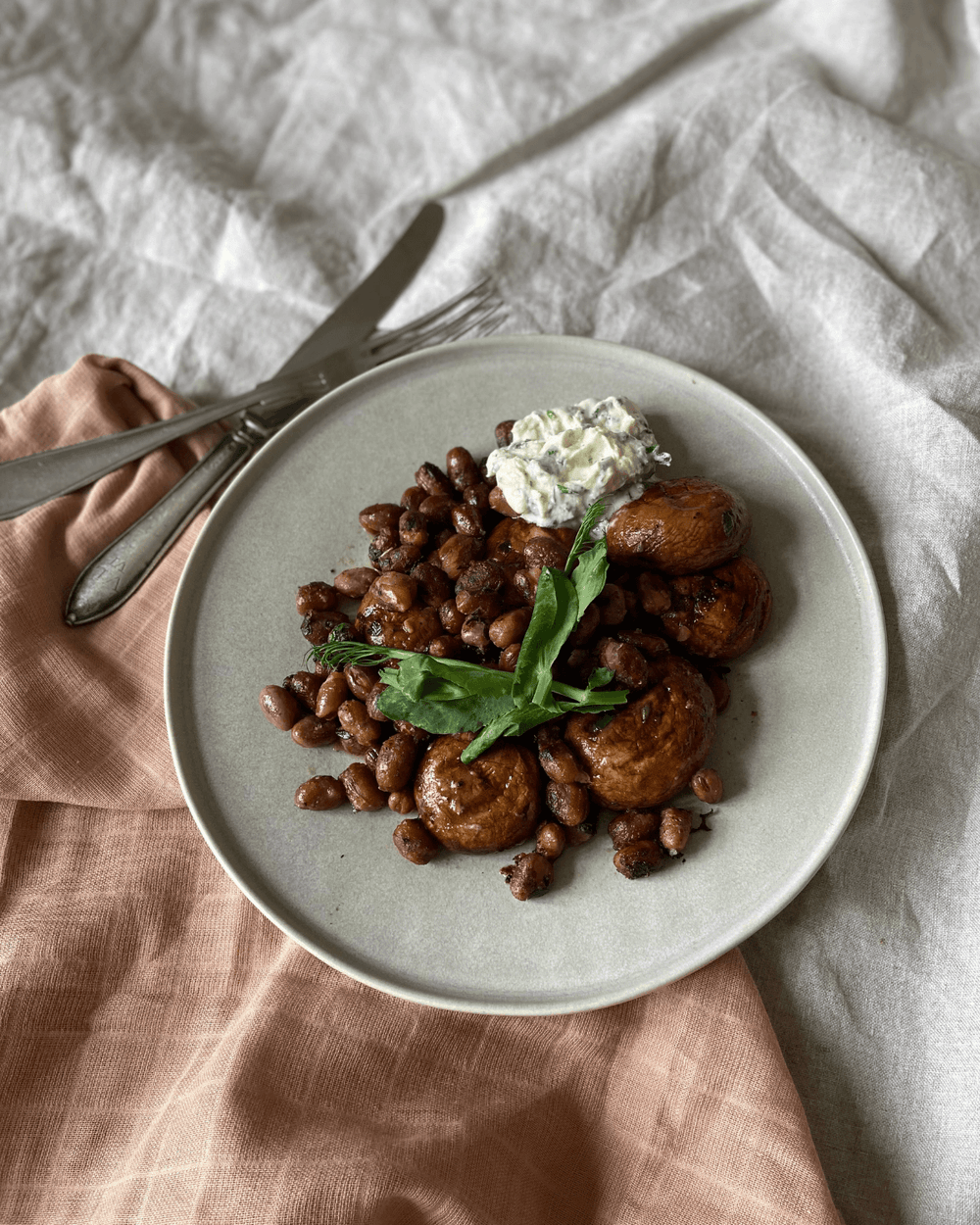 Grillede svampe, stegte hestebønner og friskost med krydderurter