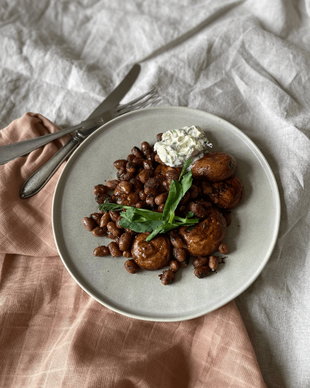 Grillede svampe, stegte hestebønner og friskost med krydderurter
