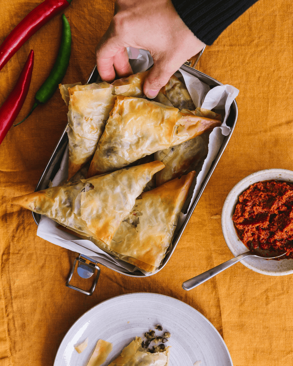 Samosa med kartofler, spinat, feta og Anicia linser