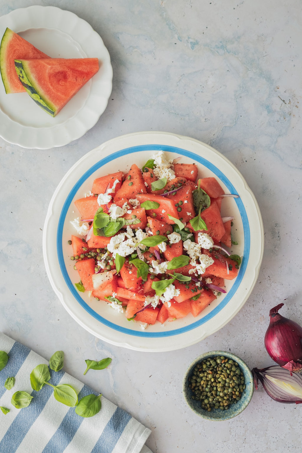Vandmelonsalat med sprøde Anicia linser og cremet feta